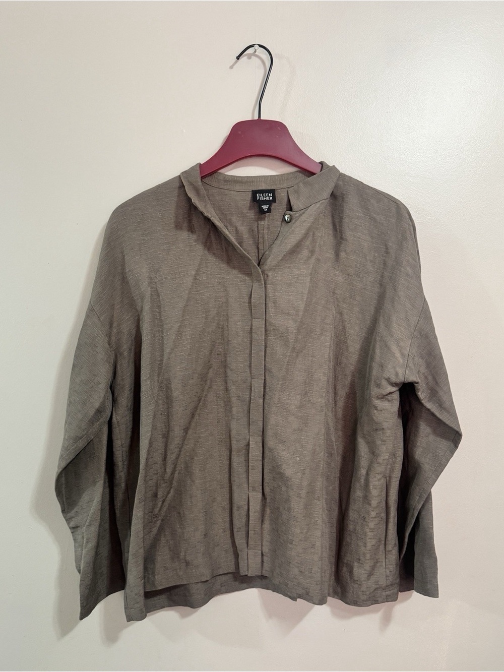 Eileen Fisher Silk Linen Blend Boxy Blouse Top Taupe Brown Minimalist
